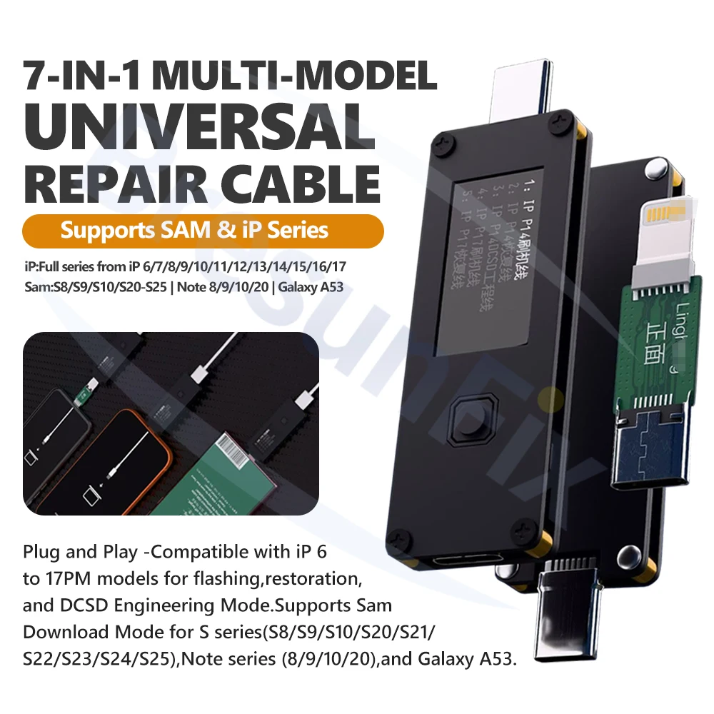 Power Tools Download - iPhone 6～17PM、Samsung Noteに対応する7-in-1多機能汎用修理ケーブル。フラッシュ、リカバリー、データ転送、エンジニアリング、電源供給ツールとして使用可能。