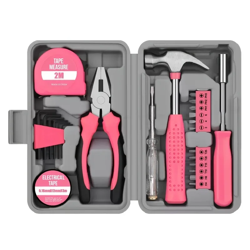 Power Tools Pink - 23+1個入りピンクツールセット、クラシックな納屋風ツールボックスに入った金属製ハンドツール、家庭用修理キット、耐久性のある女性用ツールキット
